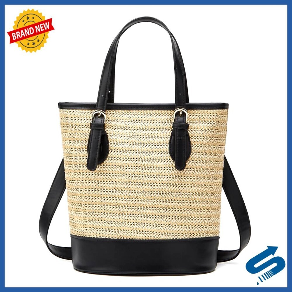 Straw Bucket Bag with Adjustable Strap, Handwoven Rattan Purse for Summer